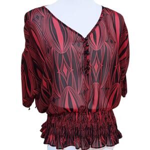 Y2K VINTAGE Sheer Top Blouse S Smocked Ruffle Coquette Vamp Romantic Peplum Goth